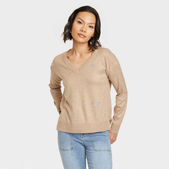 Knox Rose Women's V-Neck Pullover Sweater Tan Medium - Picture 1 of 11